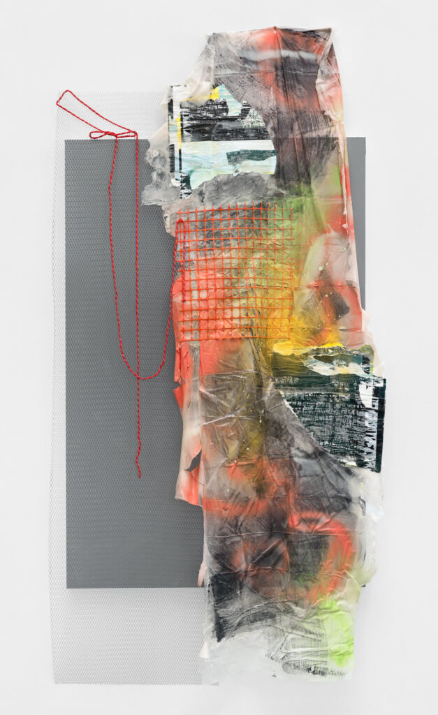 <em>Detour</em>, 2020, mixed media, acrylic, spray paint, found paper, construction netting, mesh screen, rope and plastic on wood panel, 53x104.5x5.75"
