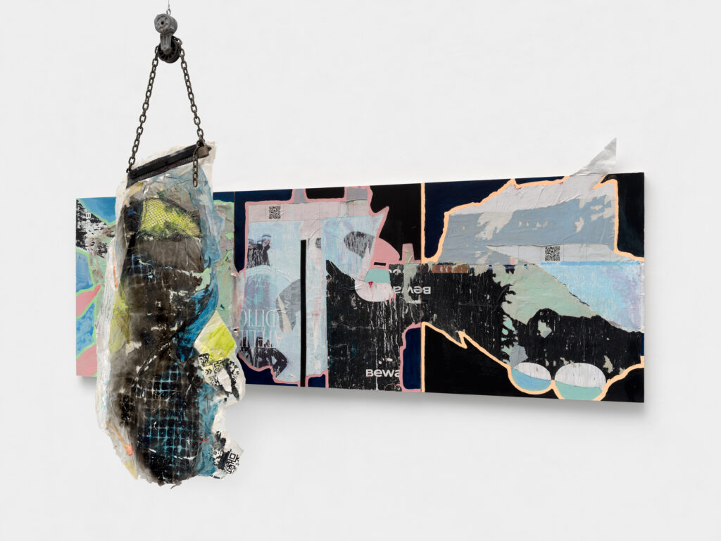 <em>The Warning</em>, 2026, Panel 36x108” installation 24” deep
Hanging component 75x30”, Mixed media on panel, found paper, acrylic, found pulley, found bicycle chain and lock, steel bar and bolts, wire, hairnet, plastic net, leather