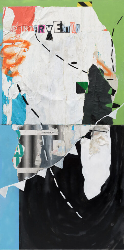 <em>Map of Unknown Lands</em>, 2022, diptych, mixed media, acrylic, found paper, caution tape, and spray paint on wood panels, 96x48”