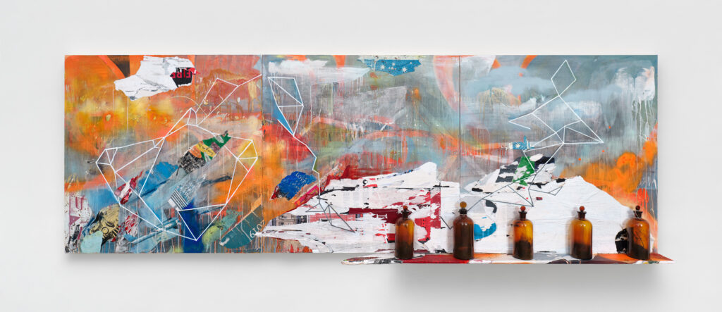 <em>Fire Map with Ash</em>, 2020, acrylic, ash, and spray paint on panel with glass bottles, ash and twigs and plywood, 36.5x108”